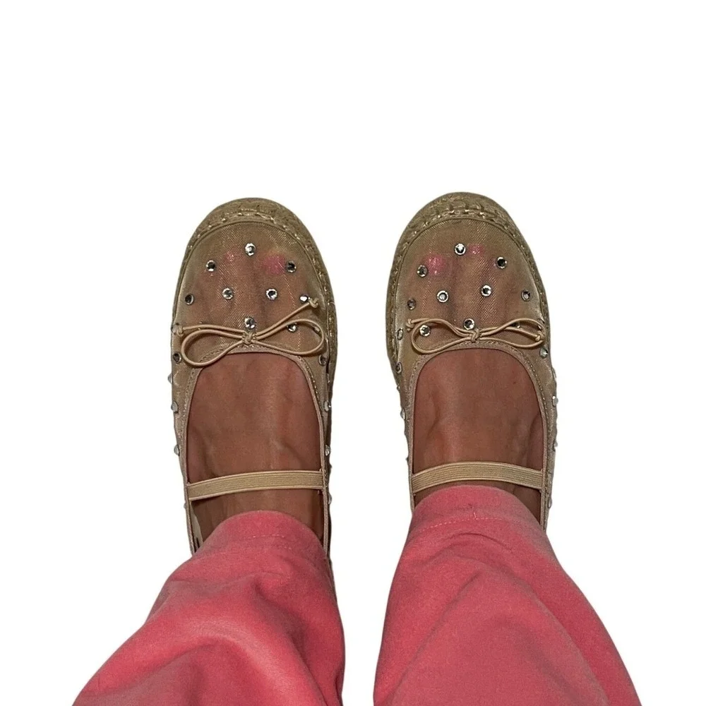 Madden Girl Rhinestone Mesh Espadrille Ballet Flats Tan Mary Jane JULY-R Size 9M